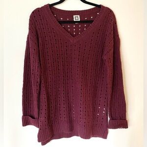 Anne Klein Wool Angora Blend Burgundy Maroon V-Neck Knit Pullover Sweater Size L